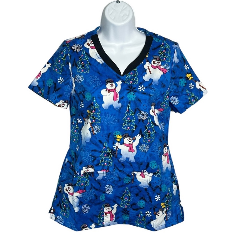 NWT Cherokee Frosty The Snowman V-neck Christmas Scrub Top Tooniforms Small